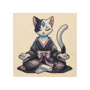 Mystical Meditating Cat in Floral Kimono Wood Wall Art