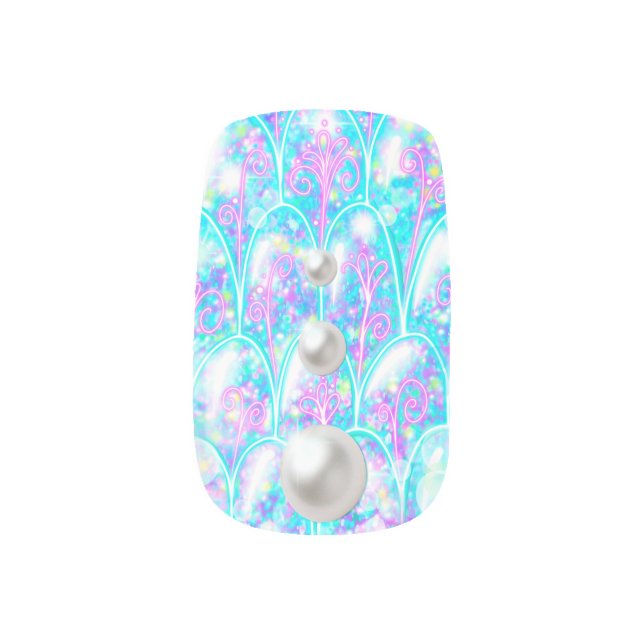 Mystical Mermaid Aqua Pearls and Glitter Nail Art  (Left Thumb)