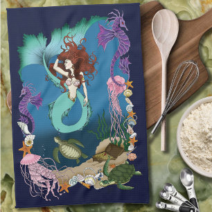 Mystical Mermaid Ocean Fantasy Blue Sea-Life Kitchen Towel