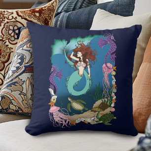 Mystical Mermaid Ocean Fantasy Blue Sea-Life Throw Pillow