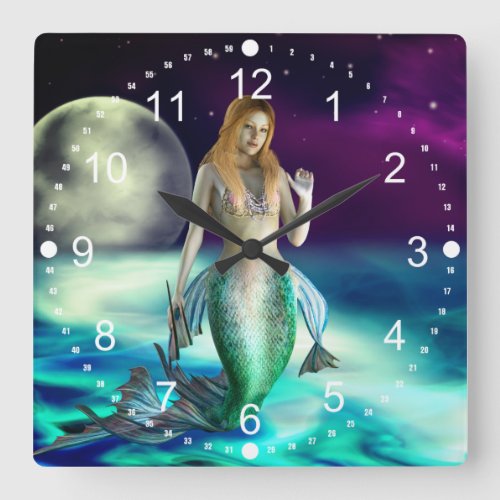 Mystical Mermaid Ocean Waves Moon Beach Fantasy Square Wall Clock