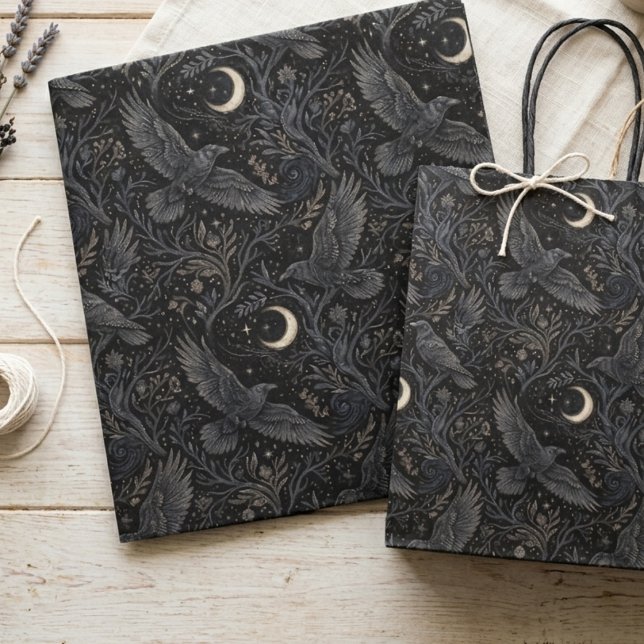 Mystical Midnight Crow and Crescent Moon Pattern Tissue Paper (Mystical crow and moon tissue paper for a friend’s birthday gift in a dark academic style.)