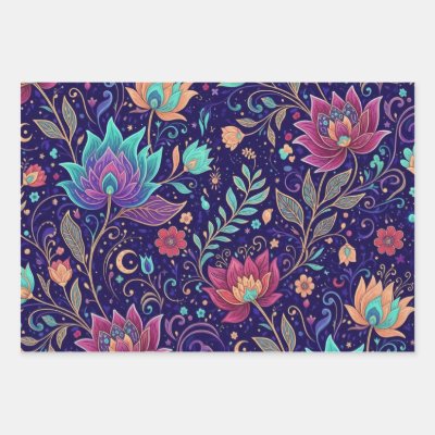 Mystical Midnight Garden Lotus and Moon Wrapping Paper Sheets