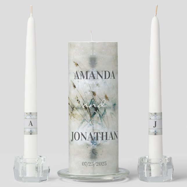 Mystical Modern Blue Green Grey Wedding  Unity Candle Set (Front)