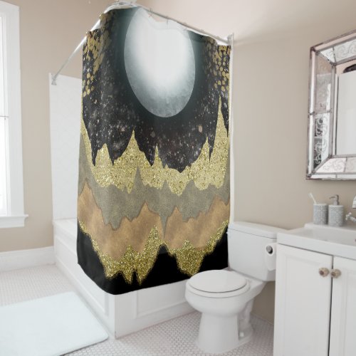 Mystical Moon Gold Mountains Landscape Modern Glam Shower Curtain