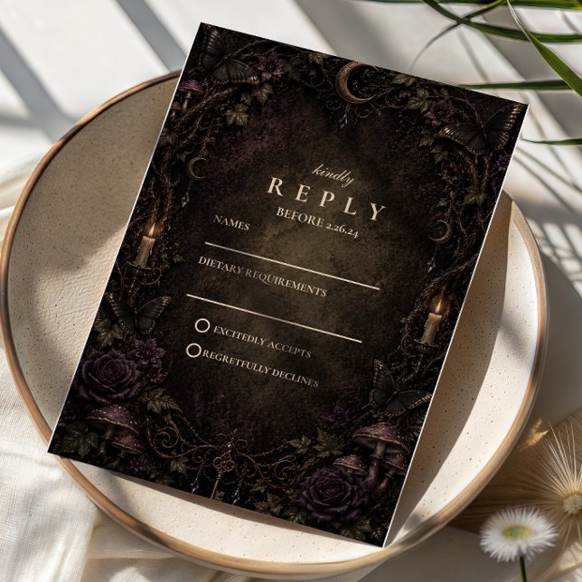 Mystical Moon Goth Forest Wedding RSVP Card (Creator Uploaded)