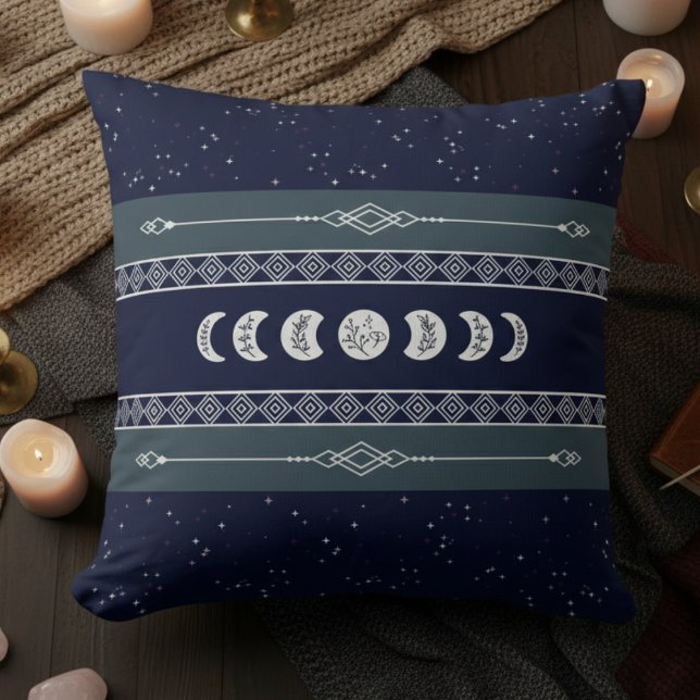Mystical Moon Navy Blue Night Sky Throw Pillow (Track the magic of the cosmos with this Deep Navy and Silver Lunar Phase Pillow)