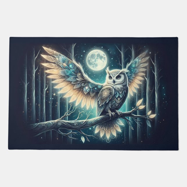 Mystical Moon Owl Celestial Forest Glow Doormat (Front)