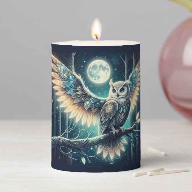 Mystical Moon Owl Celestial Forest Glow Pillar Candle (In Situ)