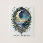 Mystical Moon & Vines Night Sky Custom Text Jigsaw Puzzle<br><div class="desc">Bring joy, relaxation, and a pop of personality to your puzzling time with this Mystical Moon & Vines Night Sky jigsaw puzzle with vibrant details from Puzzle Pop Designs. Featuring a mystical moon in watercolor medium, this puzzle is crafted to look stunning both while you’re assembling it and once it’s...</div>