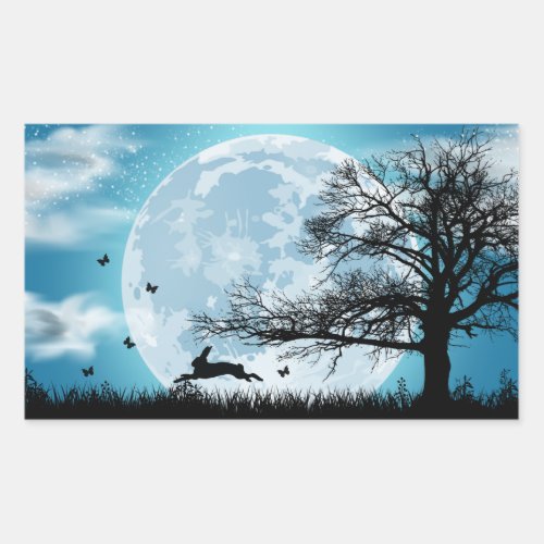 Mystical Moon with Rabbit Silhouette Rectangular Sticker