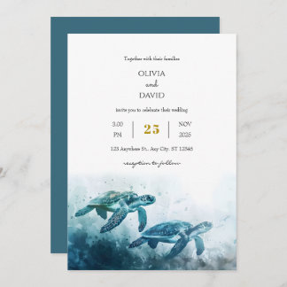 Mystical Moonlight Blue Sea Turtle Love Wedding Invitation