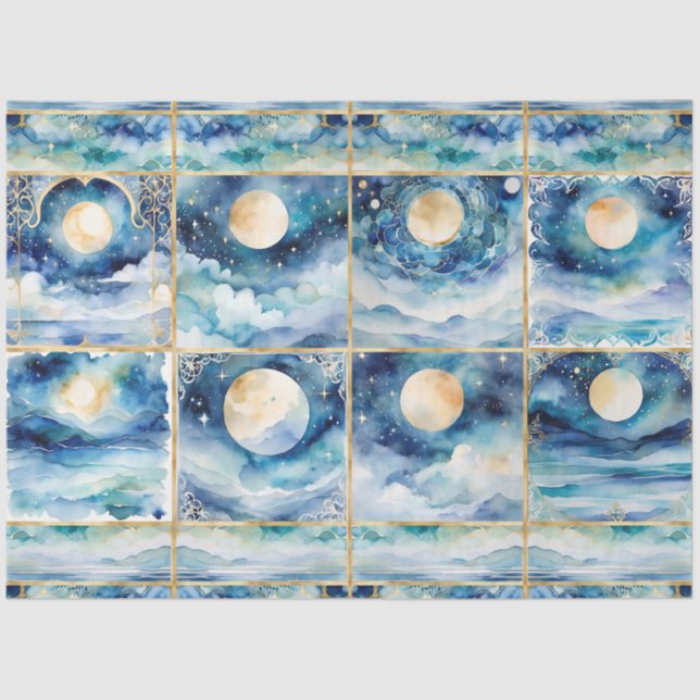 Mystical Moonlight Stars Clouds n Sea Decoupage Tissue Paper (Front)