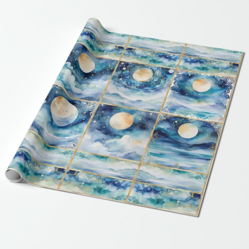 Mystical Moonlight Stars Ocean Blue Sea Decoupage Wrapping Paper