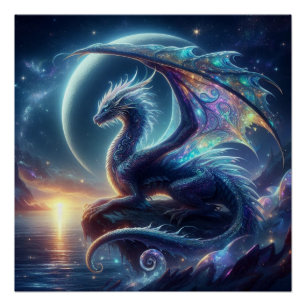Mystical Moonlit Dragon By The Sea Poster
