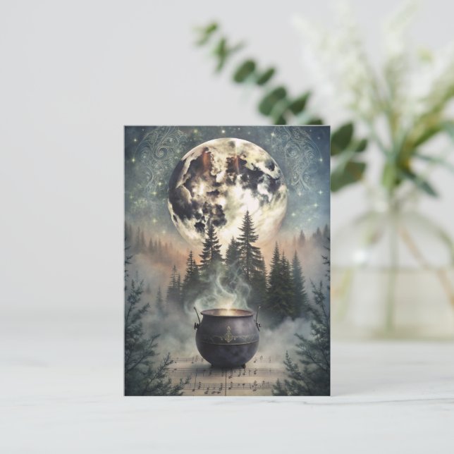 Mystical Moonlit Forest Cauldron -Witchy Magic Art Postcard (Standing Front)