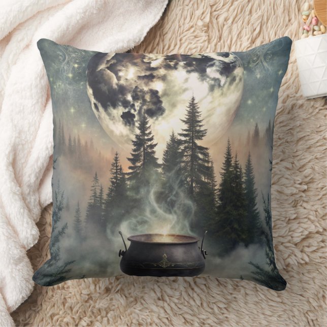 Mystical Moonlit Forest Cauldron -Witchy Magic Art Throw Pillow (Blanket)