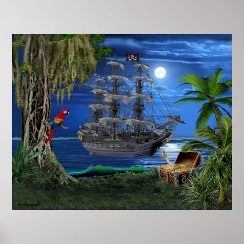Mystical Moonlit Pirate Ship Poster