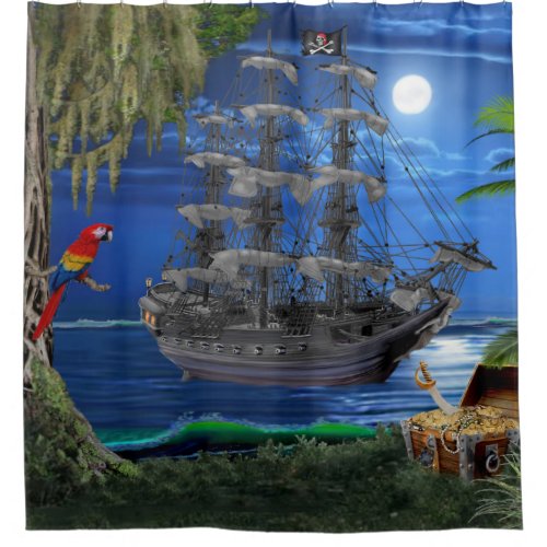 Mystical Moonlit Pirate Ship Shower Curtain