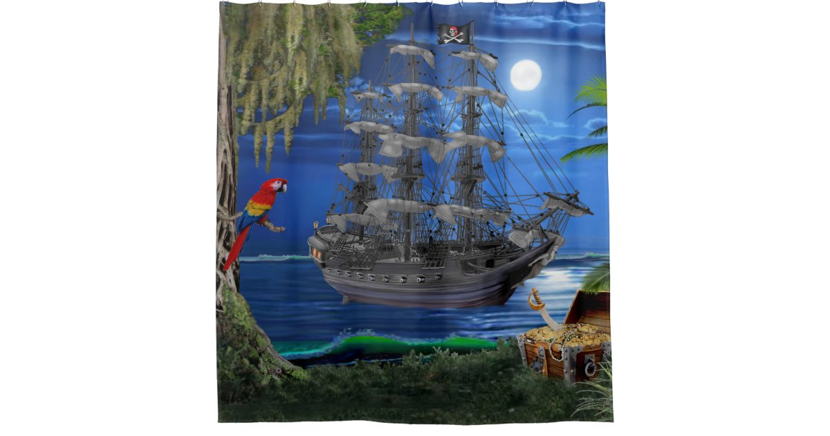 Mystical Moonlit Pirate Ship Shower, Pirate Ship Shower Curtain