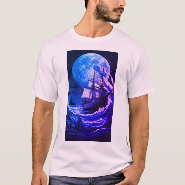 Mystical Moonlit Seas Collection: Mermaid and Ship T-Shirt (Front)