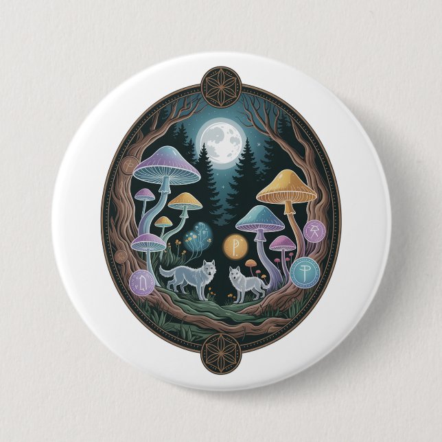 Mystical Moonlit Wolves in Enchanted Mushroom Fore Button (Front)