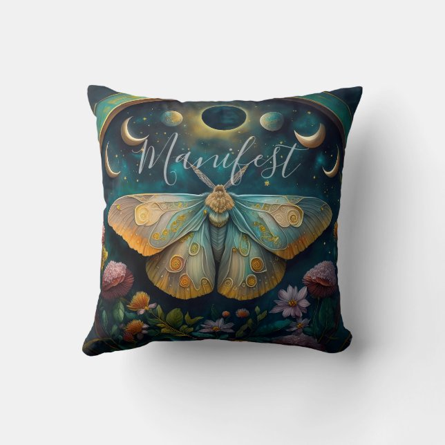 Mystical Moth and Moon Phases Manifest Art Throw Pillow (Back)