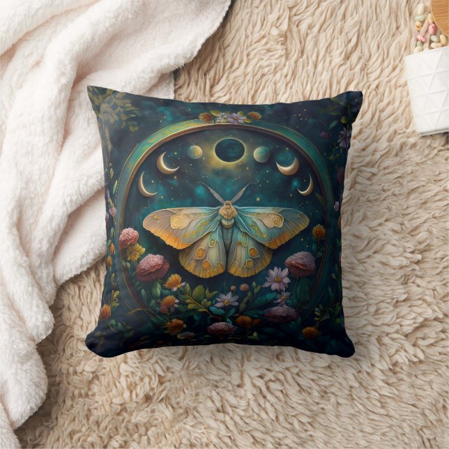 Mystical Moth and Moon Phases Portal Reversible Throw Pillow (Blanket)