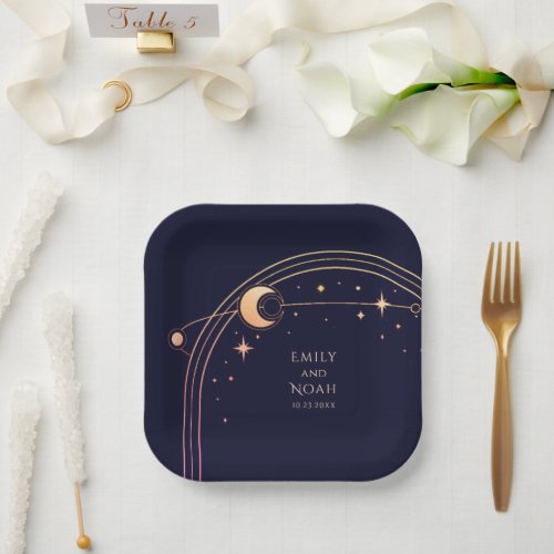 Mystical Navy Blue Sun Moon Astronomy Space Paper Plates