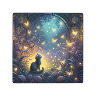 Mystical Navy Fantasy Forest Kitten Metal Print