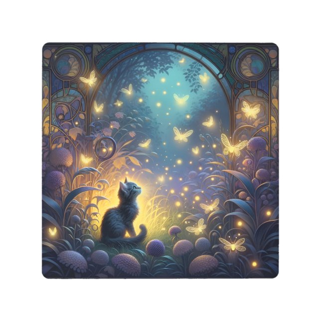 Mystical Navy Fantasy Forest Kitten Metal Print (Front)