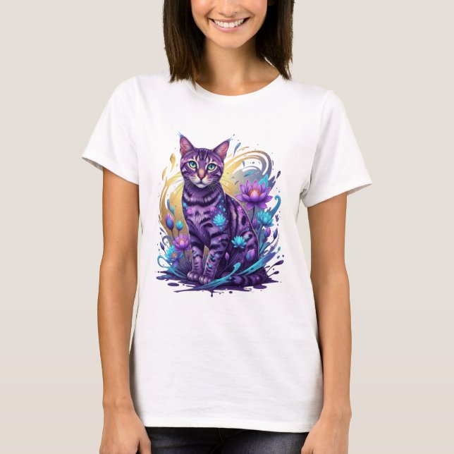 Mystical Neon Cat Lotus Art T-Shirt (Front)