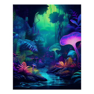 Mystical Neon Forest with Glowing Mushrooms Poster