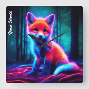Mystical neon fox in glowing enchanted forest square wall clock
