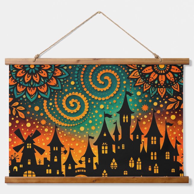 Mystical Night Castle Silhouette Hanging Tapestry (Front)