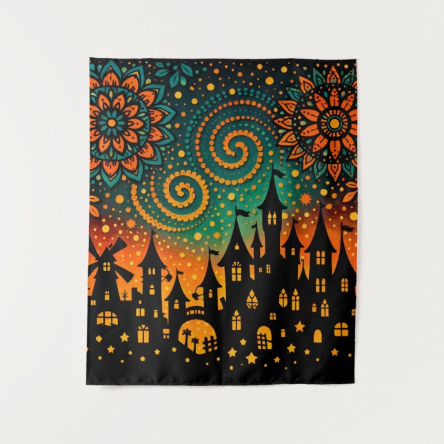 Mystical Night Castle Silhouette Tapestry (Front)
