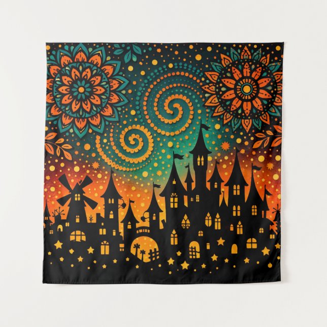 Mystical Night Castle Silhouette Tapestry (Front)