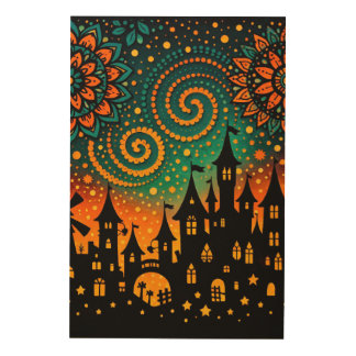 Mystical Night Castle Silhouette Wood Wall Art