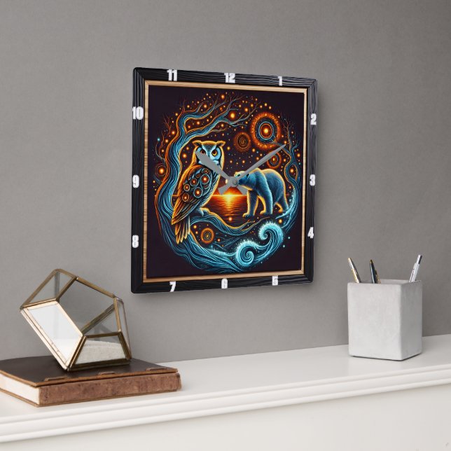 Mystical Night Creatures by the Sparkling Shore Square Wall Clock (Office)