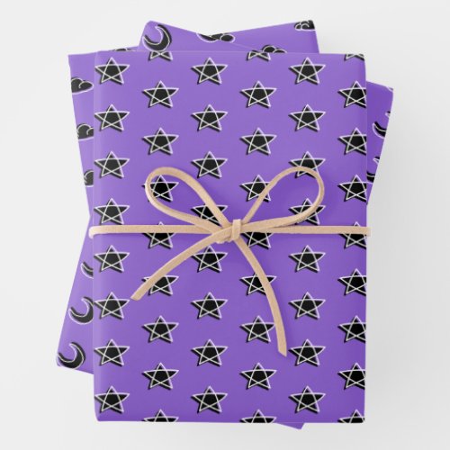 Mystical night moon stars and clouds purple wrapping paper sheets