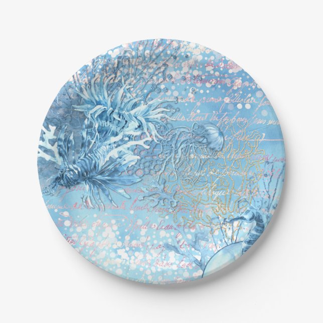 Mystical ocean dreams seahorse jellyfish teal blue paper plates (Front)
