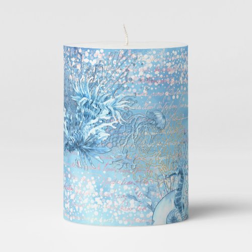 Mystical ocean dreams seahorse jellyfish teal blue pillar candle