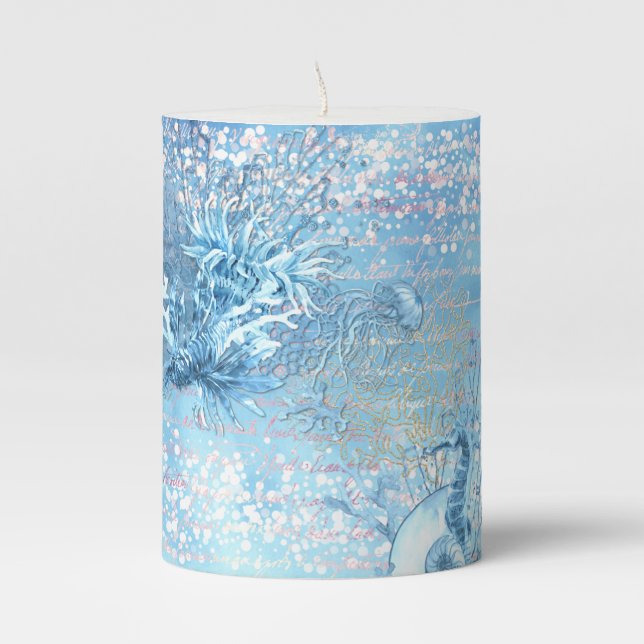 Mystical ocean dreams seahorse jellyfish teal blue pillar candle (Front)