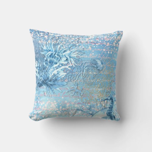 Mystical ocean dreams seahorse jellyfish teal blue throw pillow
