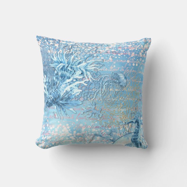 Mystical ocean dreams seahorse jellyfish teal blue throw pillow (Front)