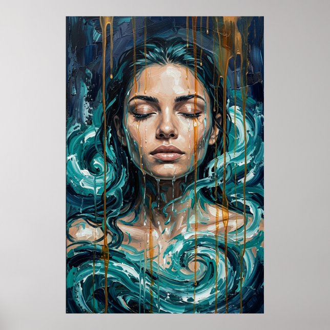 Mystical Ocean Goddess Impasto Gold Drip Art Poster (Front)