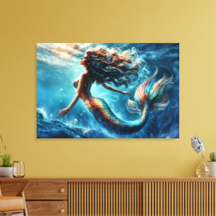 Mystical ocean mermaid siren's colorful tail art canvas print