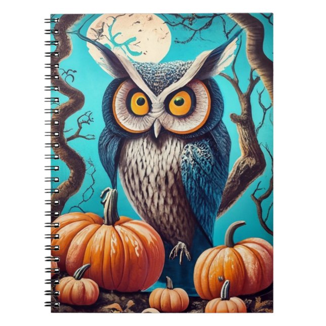 Mystical Owl Charm Halloween Notebook with Pumpkin (Front)
