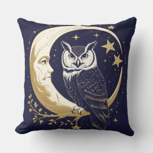 Mystical Owl Crescent Moon Celestial Throw Pillow