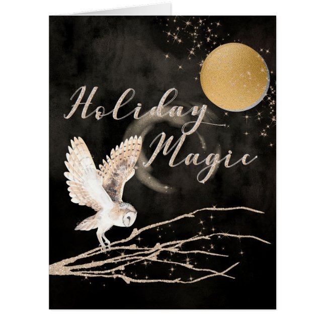 Mystical Owl Holiday Magic Sparkle Moon Cards (Front)